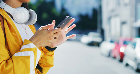 Digital, phone and hands in city with scroll, social media update or message reply on commute....