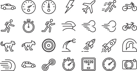 Naklejka premium Collection of black outline icons depicting speed movement and transportation speedometer airplane