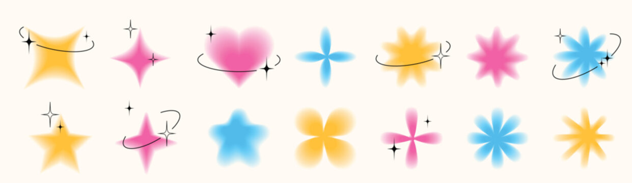 Trendy Y2K blurred objects, flowers, stars, heart and sparks. Group of retro graphic design elements with decorative stars and black frames.