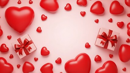 Valentine s day background with red hearts and gifts on pink