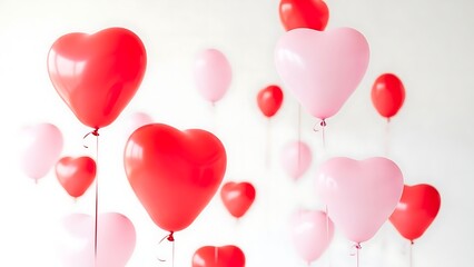 A cluster of red and pink heart shaped balloons floating against a white background