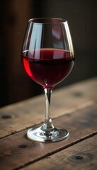 Full glass of ruby red wine on rustic wooden table, table, overhead