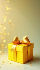 Golden bow adorns yellow gift Simple holiday sale design , decor, gift, valentine