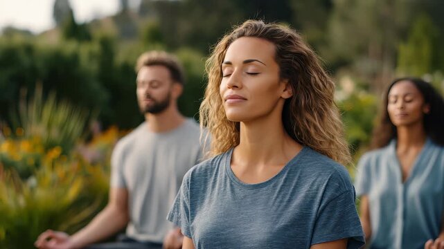 People meditate together in a tranquil garden, focusing on mindfulness and stress relief. The peaceful outdoor environment enhances their connection to nature and promotes emotional well being