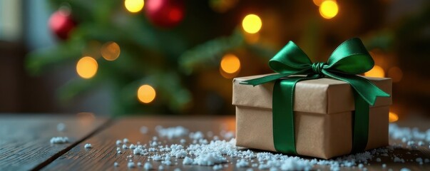 Green bow atop gift box, Christmas tree lights background Festive winter holiday scene , packaging, winter wonderland