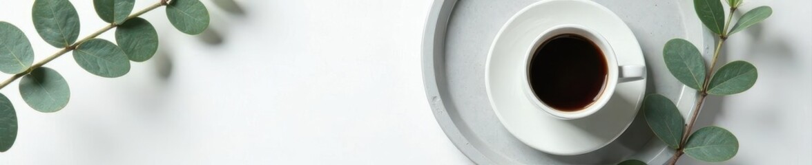 Grey tray, eucalyptus, coffee, white Minimal flatlay , morning, mood