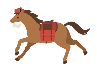 手紙をくわえて走る帽子をかぶった馬のフラットなイラスト