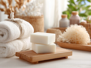 Luxurious bathroom setup with white towels, soaps, and elegant containers on a marble surface