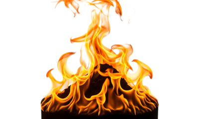 Vibrant orange and yellow flames isolated on transparent background burning fiercely upwards