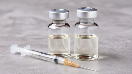 Vials and syringe for medical use on a grey background in a clinical setting