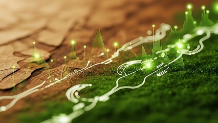 Glowing green lines on a natural leafy background with brown earthy tones.