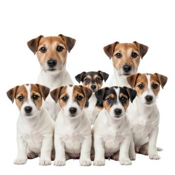 Group of jack russell terrier puppies sitting together isolated on transparent background