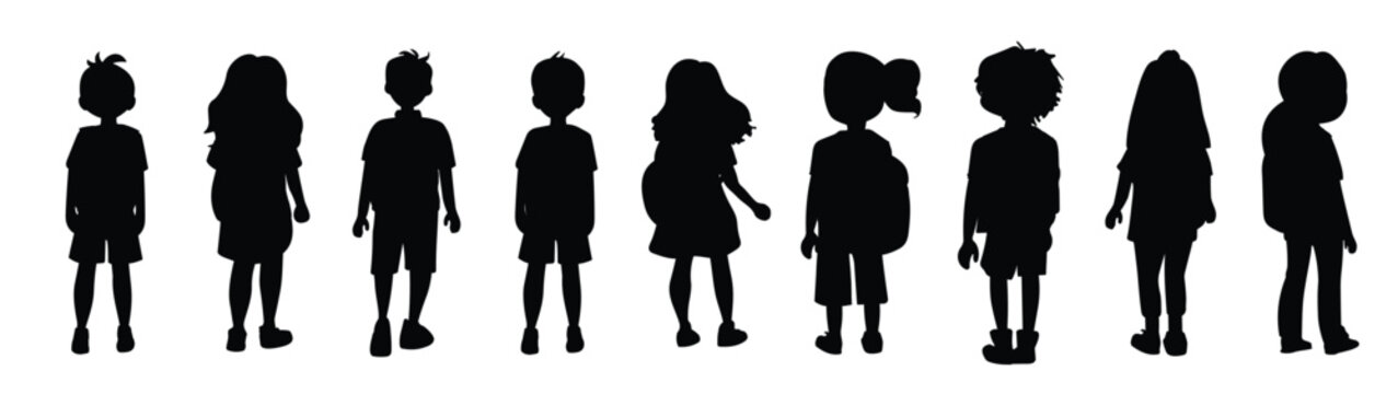vector silhouette of back view children going to school 