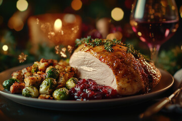 Delicious holiday dinner with roast turkey, stuffing, Brussels sprouts, and wine