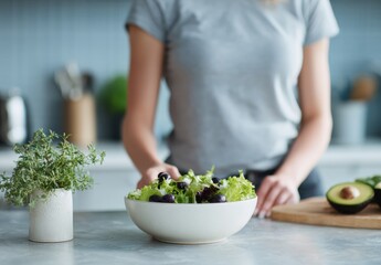 Zubereitung eines frischen Salats in einer modernen K&uuml;che