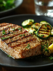 Delicious seared tuna with lemon, quinoa, and grilled zucchini