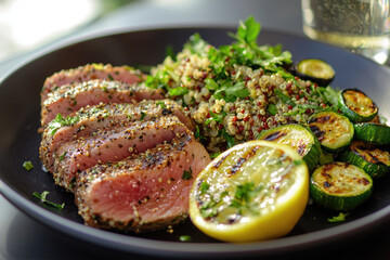 Delicious seared tuna with lemon, quinoa, and grilled zucchini