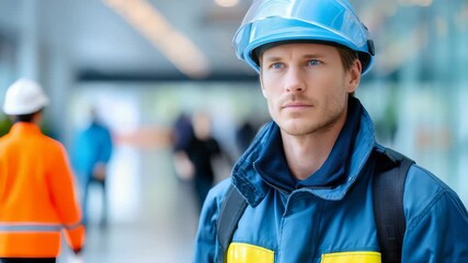 Portrait focused firefighter in protective gear, helmet, representing courage, preparedness. Highlights emergency services, teamwork, dedication to saving lives in challenging situations