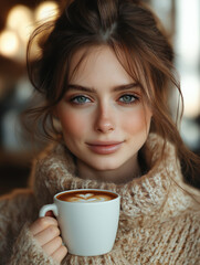 Cozy cafe moment with a young woman enjoying a latte in a warm, inviting atmosphere