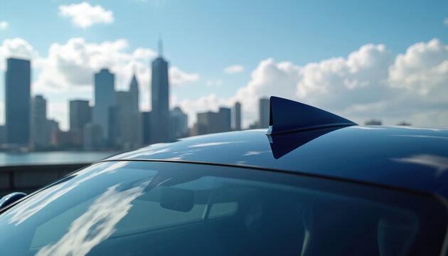 Blue car fin antenna sits on roof. City skyline with tall buildings forms background. Bright sky with clouds reflects on shiny vehicle surface. Modern transport in urban setting.