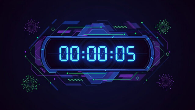 Digital countdown timer with neon blue numbers on a futuristic purple and blue background with decorative elements