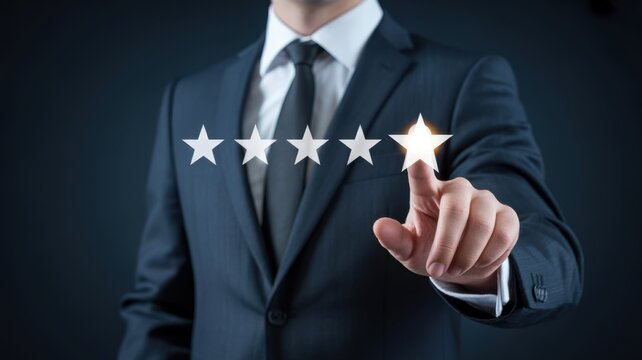Quality rating: A distinguished professional in a tailored suit selects a five-star rating, signifying exceptional service and customer satisfaction, against a clean, modern backdrop.