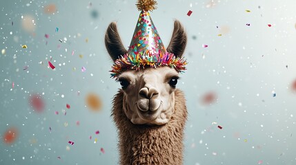 Fototapeta premium A llama sporting a party hat decorated with confetti, posing with a playful expression. .