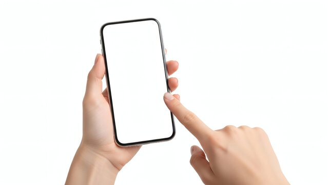 Closeup shot of a woman typing on mobile phone isolated on white background.. Girl's hand holding a modern smartphone and pointing with figer. Blank screen to put it on your own webpage or message.