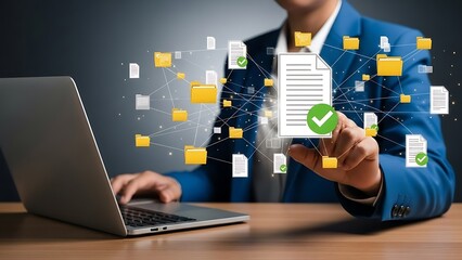 Business person using laptop with virtual interface of user profiles and social network connection.