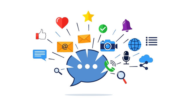 Digital communication icons representation with various multimedia and social media symbols