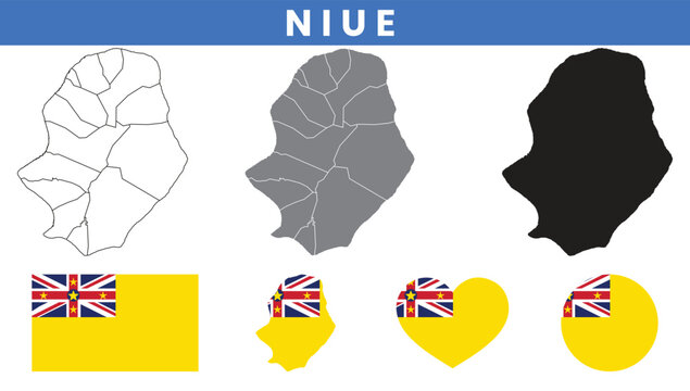 Niue Island Map and Flag Vector Set with Villages Outline