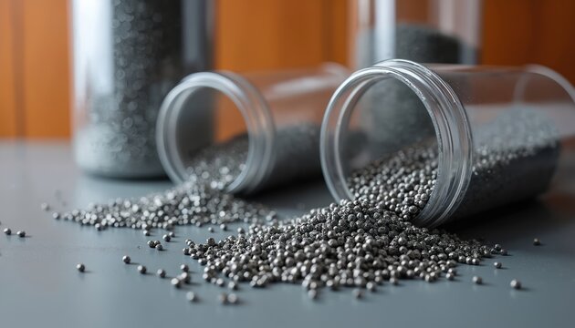 Metal spheres spill from transparent containers onto grey surface. Tiny ball bearings are used for industrial surface treatment. Shot blasting media samples.