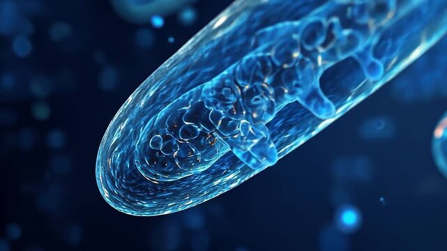 Microscopic 3D animation of a mitochondrion. Detailed view of the cellular organelle and its internal structure. Biology and energy production concept
