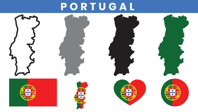 Portuguese Republic Map and Flag Vector Set withDistricts Outline