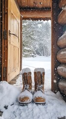 Fototapeta premium boots standing by cabin door in snow.