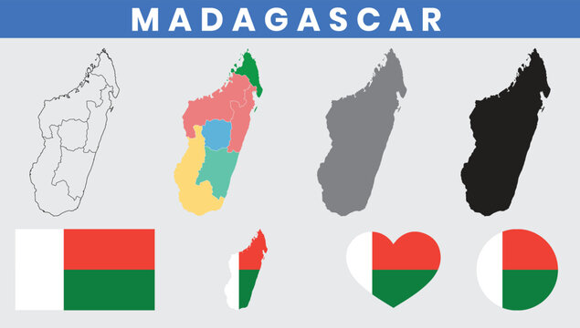 Republic of Madagascar Map and Flag Vector Set