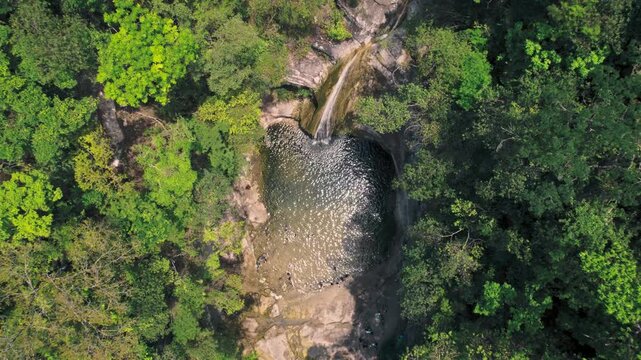 Picturesque waterfall (like the Cascadas de Cuevas) hidden within the dense, green tropical jungle of Bolivia. The video emphasizes natural beauty and tranquility.