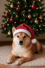 Shiba inu dog wearing Santa hat, lying on rug near decorated Christmas tree. Cute pet portrait for holiday card and festive season marketing.