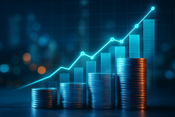 Increasing financial growth with coins and graph