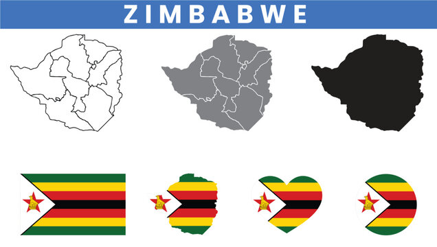 Republic of Zimbabwe Map and Flag Vector Set with Provinces Outline