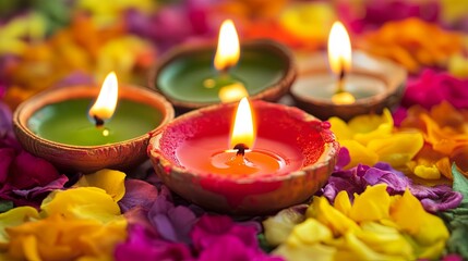 Colorful rangoli with candles for Diwali .