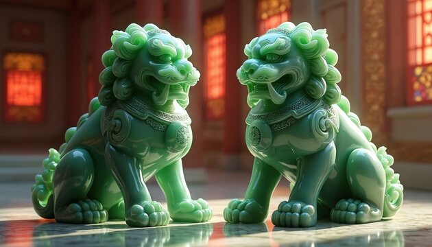Two green jade foo dog statues stand guard at traditional chinese temple entrance. Mythical beast sculptures carved stone guardians protecting sacred asian architecture buildings. Look imposing,