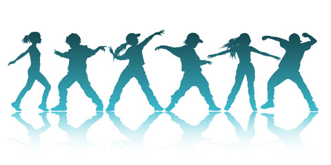 Energetic boys and girls performing street dance routine, modern urban youth choreography illustration