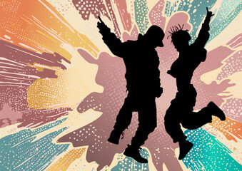 Energetic street dance illustration with dynamic motion, abstract paint burst and dot texture for youth culture posters