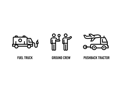 Fuel Truck Ground Crew Pushback Tractor Icon Set Minimal Bold Line
