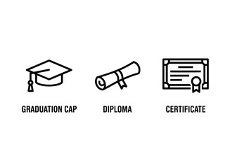 Graduation Cap Diploma Certificate Icon Set Minimal Bold Line