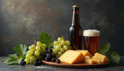 Beer, cheese, and grapes arranged on a wooden board. Bottle of dark beer with glass full of amber ale. Fresh green grapes and blackberries adorn the platter.