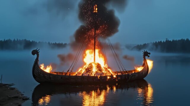 Viking Longship Engulfed in Flames During Water Burial Ceremony