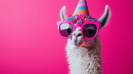 Fototapeta premium Cute llama with oversized pink sunglasses on a bright pink background, wearing a colorful party hat. .