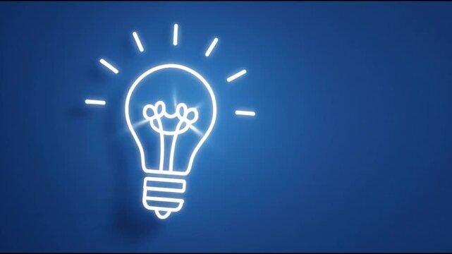 A radiant white neon light bulb outline illuminates a vibrant blue background symbolizing a brilliant new idea or spark of creativity and ingenuity